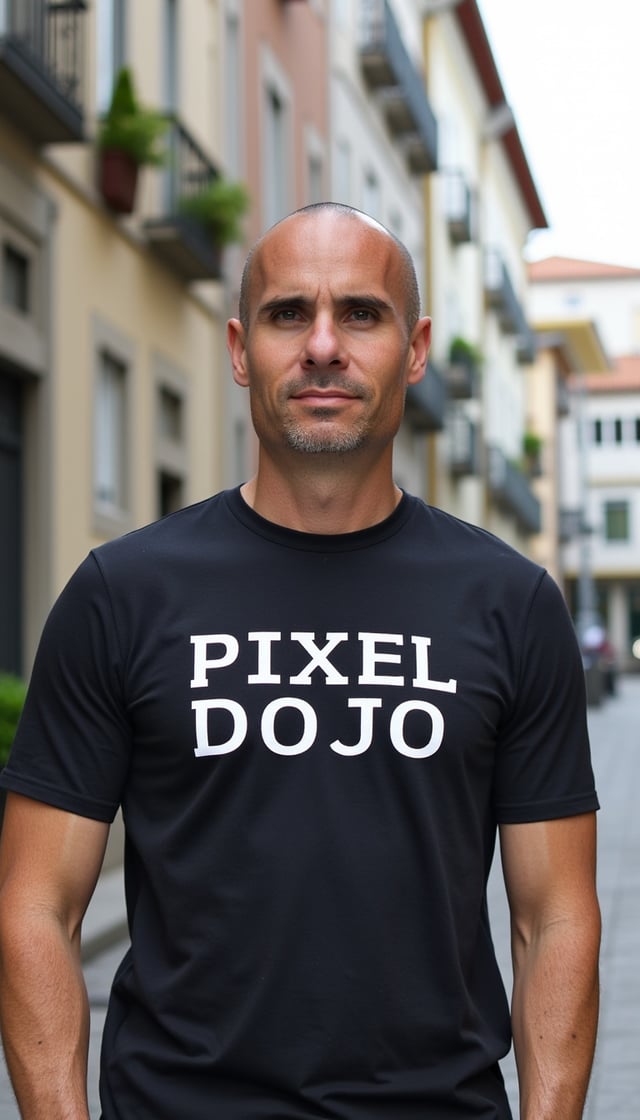Brian, generated by his own trained LoRA, standing on a sunny cobblestone street in a black Pixel Dojo tee