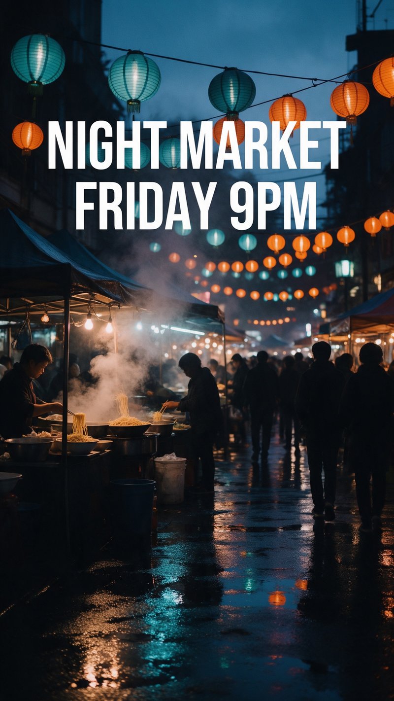 Von Sensei mit diesem Rezept erstellt: ein Nachtmarkt-Poster mit dem Text NIGHT MARKET, FRIDAY 9PM
