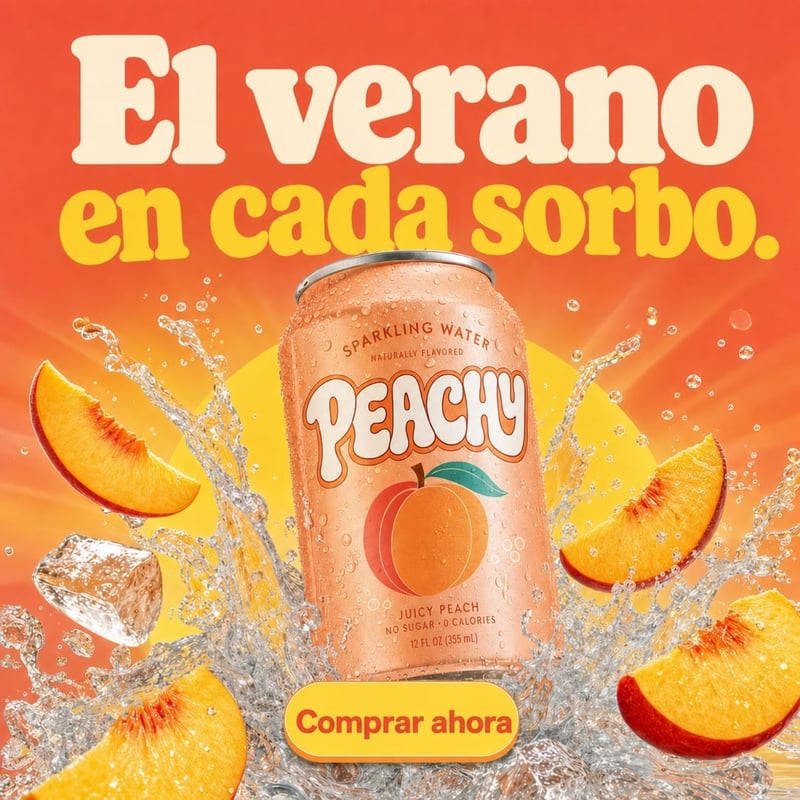 A peach sparkling water ad localized into Spanish, “El verano en cada sorbo” with a “Comprar ahora” button, same can, layout and logo