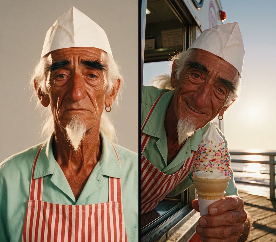 Gus the ice cream vendor: his Character Studio reference on the left, the same face starring in a Pixel Dojo AI video ad on the right