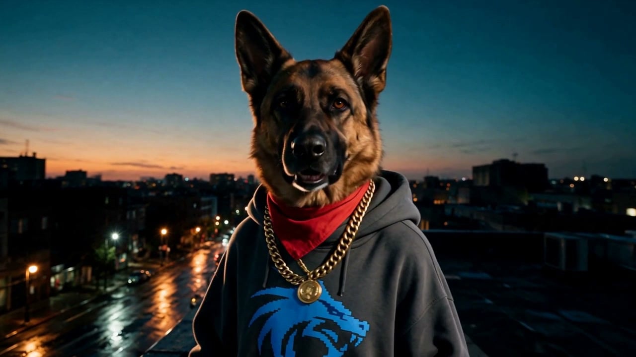A German Shepherd in a gray hoodie with the Pixel Dojo dragon, a red bandana and a gold chain looks into the camera on a rooftop at dusk.