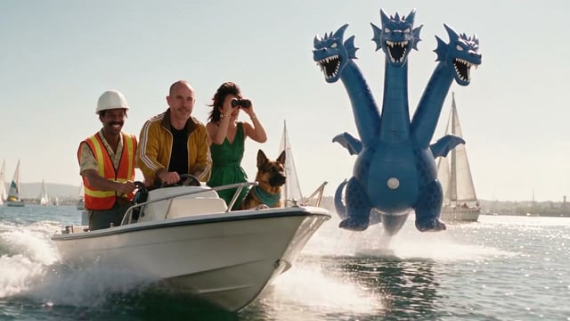 Brian, Pamela, Circe the German Shepherd and a harbor worker race across a sunny bay on a speedboat while the giant three-headed blue balloon dragon rises from the water behind them, the opening shot of an AI video reel made on Pixel Dojo with five video models.