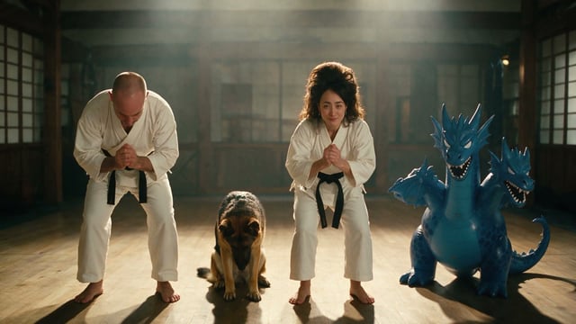 Sensei promo: Brian, Pamela, Circe and the inflatable dragon bow in a sunlit dojo