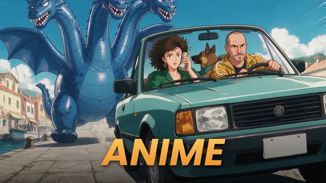 Anime style: Brian, Pamela and Circe the German Shepherd drive a teal convertible along a harbor quay as a three-headed inflatable dragon looms behind