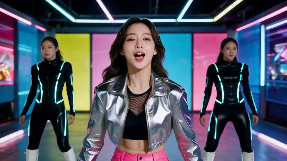 A singer in a silver jacket and pink trousers sings to camera between two dancers in glowing suits, in front of a color-blocked LED wall.