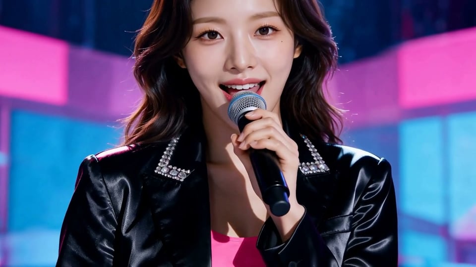A pop singer in a black satin jacket with rhinestone lapels sings into a microphone in front of pink and blue LED walls.