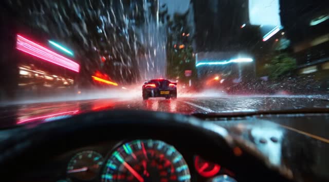 the ultra-wide-angle lens follows closely from the hood, with raindrops continuously splattering
against the lens. Ahead, a sports car speeds around a corner, its tires violently skidding against the wet road,
creating a mist of water. Neon lights refract in the rain, leaving colorful streaks on the car’s surface. The camera
swiftly shifts to the side of the car, capturing the wheels spinning at high speed, before finally moving to the rear