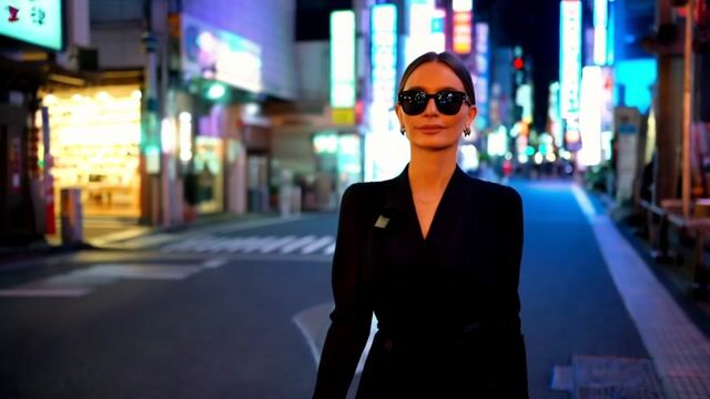 a woman is walking through a busy Tokyo street at night, she is wearing dark sunglasses