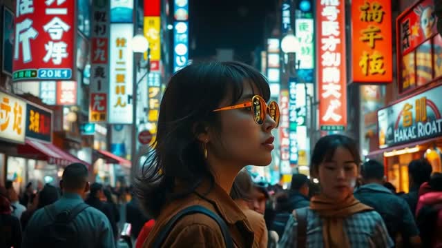 a woman is walking through a busy Tokyo street at night, she is wearing dark sunglasses