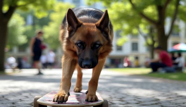 the camera pulls back as the dog skateboards
