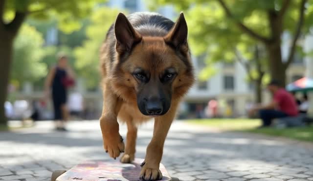 the camera pulls back as the dog skateboards