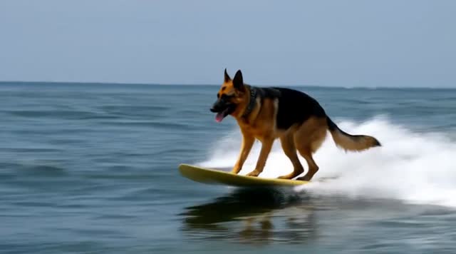 a german shepherd riding a surfboard. 