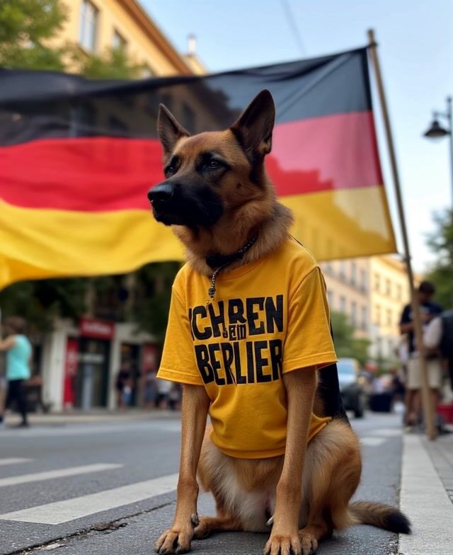 the flag blows gently in the wind while the camera pans around the german shepherd dog.