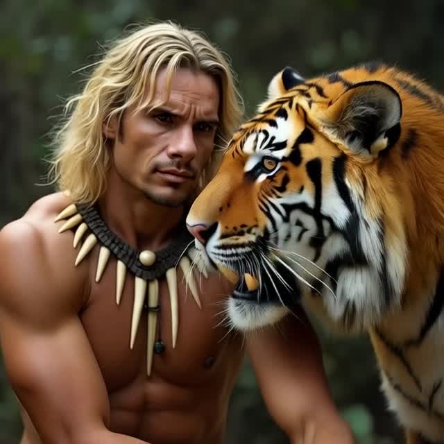 the camera pans around the man as he gazes into the eyes of the tiger with its powerful jaws 