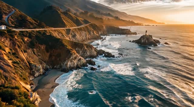 the faint buzzing of a drone flying as waves crash below