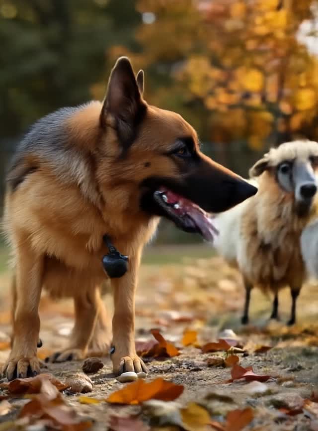 A german shepherd watching over a flock of sheep