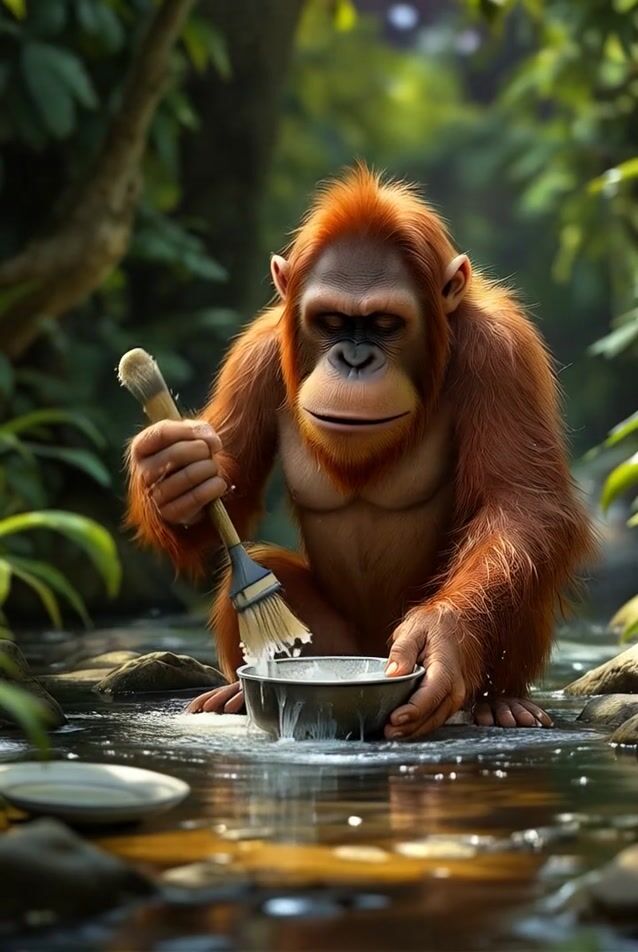 ape is washing dishes