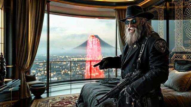 camera static, man talking pointig out the window with hes right hand and arm, hes smiling and talking to camera, , the vulcano in the distance errupts some molten lava up in the air, falling down as glowing rain over the vulcano, 