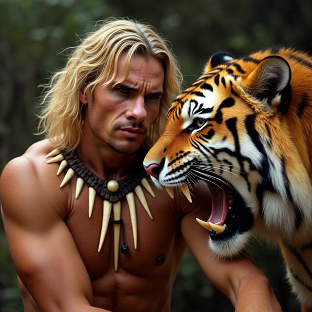 A tiger growls as a man look into its eyes