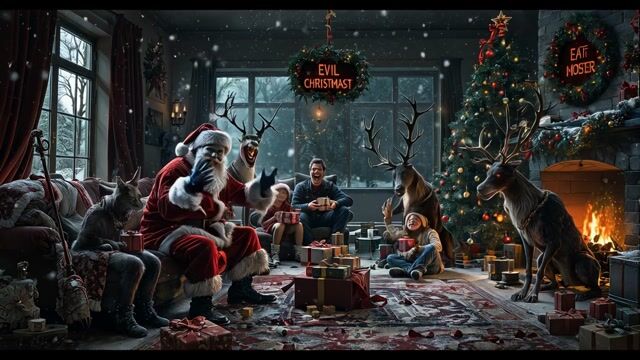 evil santa laughs evil, gesticlate and talk evil laugh,  evil famelie laughs evil, evil cats with boots laugh, kick out left leg,  threat, scare cats, snowing in the living room, fire place burning slow moving flames, cast looking around with glowing eyes, evil raideers laughing, showing jaws and teeths. light flicker in cristmas decoration lights, lantern on fireplace flicker with orange glow, reflections in cristmas balls on tree. evil cristmas, photorealistic, snowing inside, all moving, 