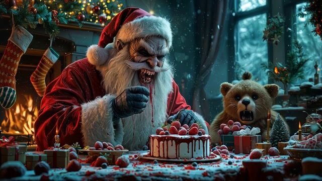 evil santa laughs evil,tells a scary story, eat cake with right hand, stuff in, toy bear get scared so it shake heavily, snowing in the living room, fire place burning slow moving flames, cast looking around with glowing eyes, evil raideers laughing, showing jaws and teeths. light flicker in cristmas decoration lights, lantern on fireplace flicker with orange glow, reflections in cristmas balls on tree. evil cristmas, photorealistic, 