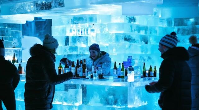 Inside a Bar complete made out of ice in Finnland. Party people in winter dressing enjoy there drinks. Crystal clear atmosphere with transparent ice bar in background illuminated with blue led lighting 