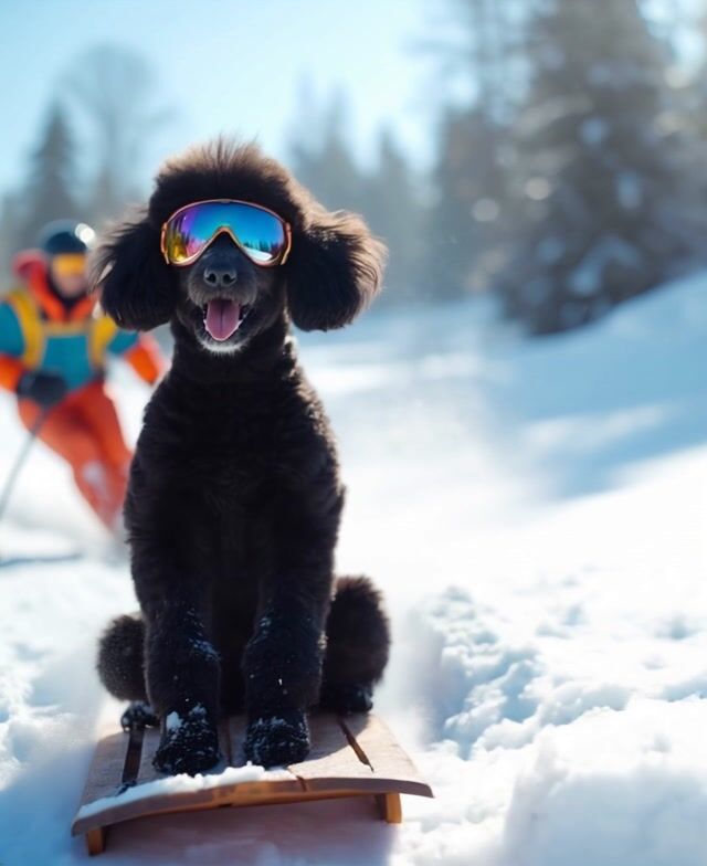 poodle on tobogan sliding down 