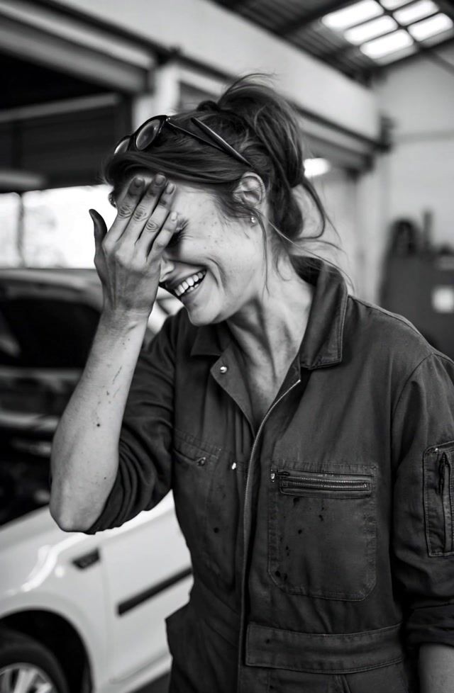 woman laughing loud with cinematic background music 