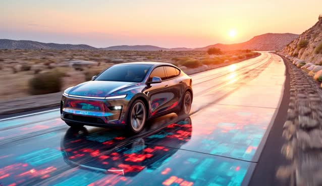 a car driving on a road made of electronic circuit boards.