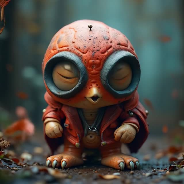 leaves falling as an owl character walks toward the camera