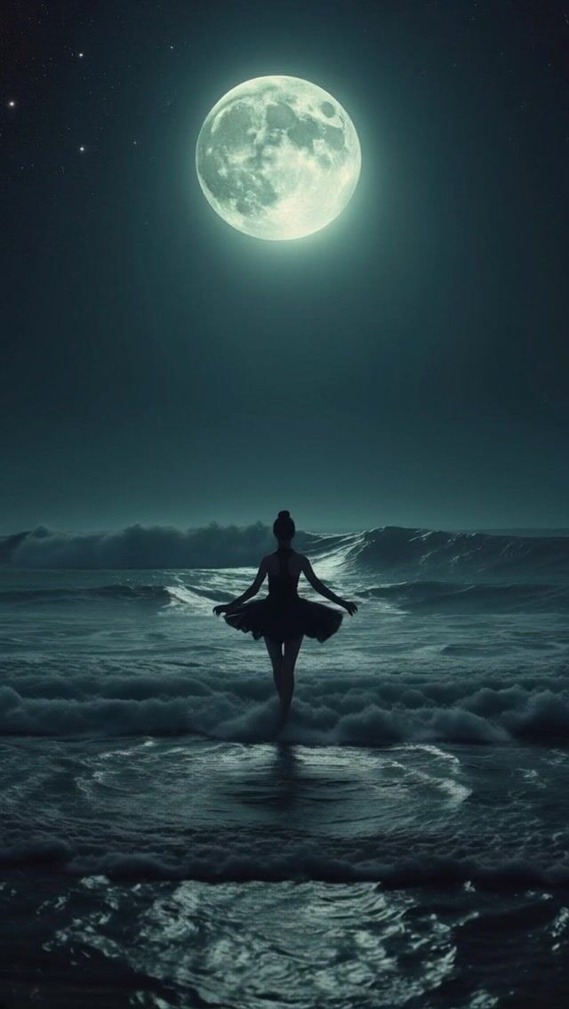 The Earth's oceans display altered tides with unusually large waves, moving irregularly towards the shores. The ocean surface appears dark, subtly reflecting the dim glow of the Moon. A mysterious crack on the Moon emits a soft, eerie light, partially illuminating the Earth. The lunar light is faint, making the turbulent waters appear even darker while subtly reflecting its glow. In the foreground, a ballerina dances gracefully on the shore, her figure appearing as a black silhouette against the glowing lunar light. The background is a deep, dark space with a few bright stars.