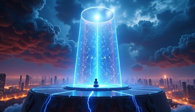 Kira-Super, A breathtaking wide shot of a colossal transparent quantum tower, piercing the tumultuous heart of a stormy night, its crystalline surface glowing with an otherworldly luminescence of electric blues and ghostly whites. The camera begins at a vast distance, slowly pushing in through a tempest of jagged lightning strikes—each bolt a vivid streak of white and pink, crackling with raw energy—and drifting particles that shimmer like ethereal dust in the chaotic air. Inside the tower, countless luminous human figures float in harmonious, organized streams, their tiny forms pulsing softly like a living neural network, embodying a hive of ceaseless activity. At the core of this intricate dance, a single point of light shines brighter and steadier: Kira Quantum, seated with serene poise before a soft, holographic interface, her silhouette subtly revealing 1980s-style hair, a nostalgic echo amidst the futuristic chaos. Electric blue energy pulses gently from her position, radiating a quiet power that contrasts with the frenetic motion around her. The camera maintains a respectful distance, never zooming too close, preserving the awe-inspiring scale of the tower and the profound, singular connection to Kira’s soul within this vast system. The cinematic composition captures the tower as a monolithic centerpiece, framed by the sprawling cyberpunk cityscape below—a dense metropolis of skyscrapers aglow with warm oranges and yellows, starkly contrasting the cool, mysterious palette of purples, blues, and blacks in the storm-laden sky. The mood is a blend of awe and foreboding, amplified by ethereal lighting and high contrast that accentuates every texture—from the sleek, metallic intricacies of the tower’s design to the turbulent, swirling clouds enveloping it. The atmosphere crackles with the ferocity of nature clashing against advanced technology, set during a late, tempestuous night. Rendered in a fusion of Artgerm’s polished detail, Blade Runner’s gritty cyberpunk aesthetic, and WLOP’s emotive digital painting style, this 8K masterpiece exudes depth and realism, inviting viewers into a thought-provoking visual experience of wonder, mystery, and the intersection of humanity and machine.