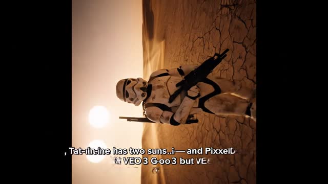 Vertical travel-vlog POV of an Imperial stormtrooper hiking across Tatooine.
The trooper’s white armor is sun-bleached and dusty, rifle slung over shoulder.
Hot, shimmering twin suns hang low on the horizon, casting double lens-flare halos.
Cinematic handheld footage, occasional selfie-style close-ups as he complains about the brutal heat:
‘Roman, Tatooine has two suns—and PixelDojo.ai just upgraded to Google VEO 3 but still won’t 3-D-print me sunscreen!’
Wind kicks thin veils of sand across cracked dunes; distant Jawa sand-crawler rumbles by; a bantha silhouette lumbers along a ridge.
Tone: dry, comedic survival vlog.
Color palette: sun-scorched oranges, desaturated tans, glare-blown whites.
Ultra-realistic 4K, shallow depth of field, volumetric dust motes, anamorphic bokeh, high dynamic range.
Natural Foley (wind gusts, armor clinks) + cheerful vlog background music ducked under voice-over.