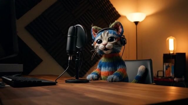 Cozy podcast studio: warm wood desk, soft amber key-light, dark acoustic panels behind. Center frame: an adorably photoreal knitted yarn cat with bold blue-orange-green stripes, huge glassy eyes, tiny black headphones, sitting upright at a matte-black condenser mic.
Action & expressions: Cat’s tail flicks, little paw taps desk for emphasis, ears perk. Camera is steady, slight rack-focus from mic to cat’s eyes at 1 s, then subtle push-in.
Dialogue (cheerful, quick):
“Mew-ning, world! Welcome to the PURR-cast—today we’re un-ravelling string theory!”
At “un-ravelling,” cat yanks a strand of its own yarn fur, mock-gasps, flashes a sheepish grin, and knocks the pop filter with a soft “boop.”
End on the mic wobbling, cat frozen wide-eyed, text overlay pops: “CREATE YOUR OWN AT PIXELDOJO.AI”
Whimsical background jingle fades.