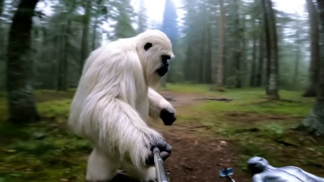 Create a realistic, entertaining YouTube vlog video in the style of "Outdoor Boys." The main  character is a large, friendly Yeti with shaggy white fur, walking through a dense, misty forest of  tall pine trees. The ground is covered with leaves and moss, and the light is soft, filtered through  the trees—no snow or mountains, just a wild, natural woodland atmosphere like early morning  in a remote forest.  

 The Yeti is filming himself from behind with his own selfie stick, his big furry hand visible holding  the stick as he quietly approaches a mysterious figure. In a small clearing ahead, an alien lies  asleep on the forest floor, wearing a shiny, skin-tight suit with a zipper. The alien is clutching a  selfie stick with a phone attached at the end, resting beside him. In the background, there’s a  faint hint of smoke rising from a smoldering campfire, and the forest feels quiet and secretive.   As the Yeti creeps closer, he turns his head slightly toward the camera and quickly whispers, in a  playful, excited tone: 

  "Yo guys, I found the alien that stole Bigfoot's selfiestick!   He then tiptoes up to the sleeping alien, gently pulls the selfie stick from the alien’s grasp, and  dashes away through the trees, the camera jostling as he runs. The scene ends with the Yeti’s  laughter echoing through the woods.   

Camera style: POV, selfie stick, over-the-shoulder view of the Yeti, handheld and spontaneous,  natural lighting, authentic vlog feel.   Sounds: Rustling leaves, distant birds, soft footsteps, quiet whisper, sudden laughter, faint  crackling from the campfire. 

  Yeti personality: Humorous, mischievous, bold, likable.   Landscape: Dense pine forest, earthy ground, early morning mist, scattered branches, subtle  campfire smoke.   Props: Selfie stick (Yeti), selfie stick with phone (alien), alien in sleek suit, subtle campfire in the  background.  

 Note: The video should be concise and dynamic, fitting within 8 seconds—focus on the Yeti’s  sneaky approach, quick whisper, the playful theft, and his escape.