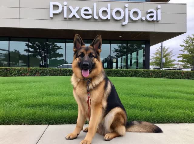 The dog barks, then runs through the grass toward the building, jumping over the hedges and smashing through the glass window of the building