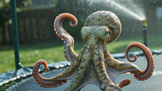 === Scene ===

Description: An octopus somehow ends up in a suburban backyard and slithers onto a trampoline, its tentacles spreading out in all directions. It tries to bounce — clumsily, with suction cups sticking briefly to the surface before releasing. The movement is weirdly graceful and hilarious. A sprinkler gently sprays in the background, mist catching the sunlight.
Tone: {"palette":"Greens, hose-wet trampoline black, soft blues from the sprinkler mist — all slightly desaturated and sun-faded","mood":"Delightful, bizarre, real — the kind of thing you'd rewind 3 times saying ‘What the hell did I just watch?’"}, {"enhancers":["realistic octopus tentacle movement and skin texture","suction cup interaction with trampoline surface","moisture glistening in the sunlight on skin and trampoline fabric","gentle spray from backyard sprinkler casting water particles through sunbeams","accurate trampoline dip and vibration from tentacle pressure"]}, cartoon octopus, dry skin, floating bounce, fake trampoline motion, stylized environment, underwater lighting

=== Shot ===

Composition: Fixed mid-wide angle from the side of the trampoline at ground level, like a security cam or home video. Slight lens compression and sun flare in the top corner. Shallow depth of field on the octopus motion.
Camera Motion: The octopus slowly inches forward, then flops its body upward in a half-bounce, followed by tentacles flailing slightly in mid-air before landing in a wet slurp. It pauses, blinks (somehow), then tries again — determined but confused.