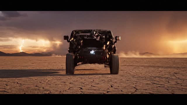 === Shot ===

Composition: central low-angle wide, Hummer forming mid-air piece by piece
Lens: 24mm
Frame Rate: 2000fps for impact, 60fps camera motion
Camera Movement: ground tracking, orbital spin, vertical rise

=== Subject ===

Description: Hummer EV, chassis, tires, shell, grille assembling in slow explosive layers
Wardrobe: 
Props: armor plating, LED bar, mud-crushing tires, electric core pulse

=== Scene ===

Location: dry cracked desert basin
Time Of Day: sunset storm
Environment: dust, wind trails, light flares, far-off thunder glow

=== Visual Details ===

Action: parts crash in with dust shock, body seals, wheels spin and slam down, final headlight flare and dust burst
Special Effects: slow debris, flare ignition, kinetic ripples, vapor trails
Hair Clothing Motion: 

=== Cinematography ===

Lighting: sunset rimlight + tactical highlights
Color Palette: matte sand, obsidian black, steel grey
Tone: premium, off-road dominance

=== Audio ===

Music: deep hybrid trailer score, rising tension then impact
Ambient: wind, echoing terrain hum
Sound Effects: metal snaps, suspension drop, dust whoosh, electric pulse
Mix Level: studio-grade mix, wide stereo field, punchy dynamics

=== Dialogue ===

Character: 
Line: 
Subtitles: false