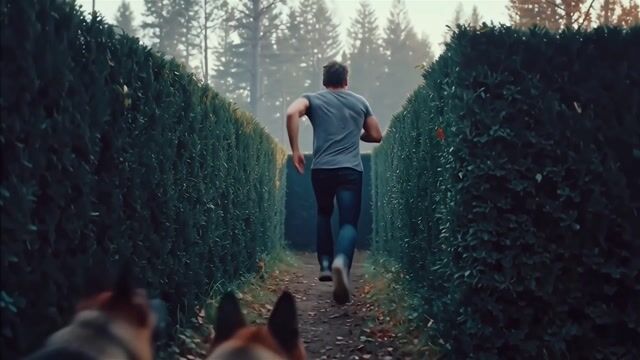 {
  "SHOT COMPOSITION": "The sequence begins with a low-angle medium shot framing the man from ground level, capturing his determined stride and the encroaching maze walls, then transitions to a wide aerial shot revealing the entire labyrinthine structure.",
  "CAMERA MOVEMENT": "Start with a static low shot, smoothly panning upward and pulling back like a rising drone shot to an overhead vantage, providing a sweeping reveal of the maze's complexity while following the chase.",
  "SUBJECT & WARDROBE": "A rugged man in his 30s, athletic build with short disheveled hair and a tense expression of urgency, dressed in a fitted gray t-shirt, dark jeans, and worn sneakers, sprinting desperately through the twisting paths; he's pursued by a pack of five snarling German Shepherds, fur bristling and eyes fierce, barking loudly as they bound after him.",
  "SCENE SETTING": "An expansive, overgrown hedge maze in a misty autumn forest at dusk, with towering green walls casting long shadows; the atmosphere is tense and claustrophobic, building to a panoramic view of the maze's intricate dead-ends and pathways under fading golden light.",
  "AUDIO ELEMENTS": "Intense ambient sounds of rustling leaves and echoing footsteps, overlaid with the pack's aggressive, echoing barks and growls that grow louder and more frantic during the chase; subtle underscoring of a rising orchestral tension without dialogue.",
  "VISUAL STYLE": "Cinematic thriller aesthetic in 24fps with subtle film grain and cool blue-toned color grading for a suspenseful mood, high dynamic range to emphasize the contrast between the man's vulnerability and the maze's immensity."
}