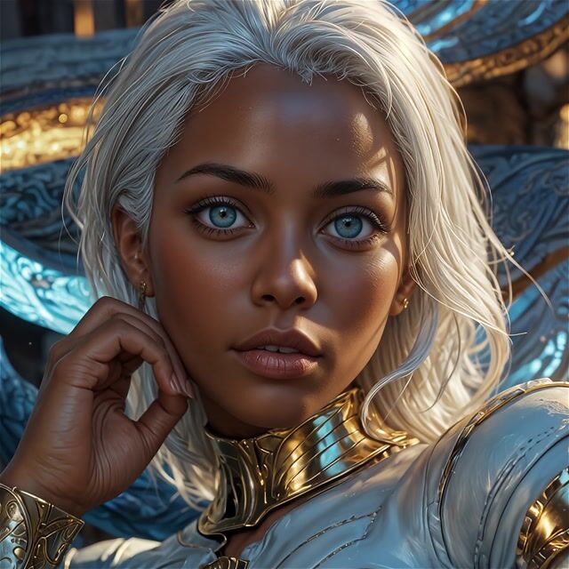 In a mystical ancient ruin adorned with intricate blue dragon carvings, a young woman with platinum blonde hair, striking blue eyes, and warm brown skin poses confidently for the camera, her hand gently touching her chin while wearing a white and gold armored collar that gleams under soft golden lighting. The medium close-up shot slowly zooms in with an 85mm lens and shallow depth of field, capturing her alluring expression and subtle smile against the cool turquoise background. This hyper-realistic fantasy scene evokes an empowering, ethereal mood with warm metallic highlights and a polished digital aesthetic.