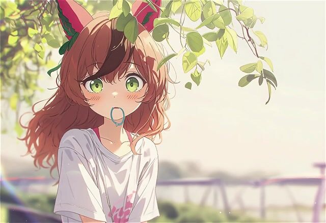 In a tranquil outdoor forest, where fresh sunlight filters through lush green leaves, an anime-style girl with pink horse ears and wavy orange-brown hair tilts her head in sudden realization. Her large green eyes widen in surprise, and she gazes straight ahead. As a breeze ruffles her hair, ruffling her loose white T-shirt, the small blue rubber band in her mouth falls to the floor, and she smiles shyly and embarrassedly, her face flushed with a faint blush. A still medium close-up captures this whimsical moment in vibrant pastel tones. The light filtering through her delicate features and swaying leaves creates a captivating atmosphere of surprise and endearing fragility.