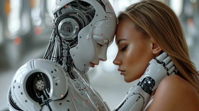 The cyborg and woman talk to each other..