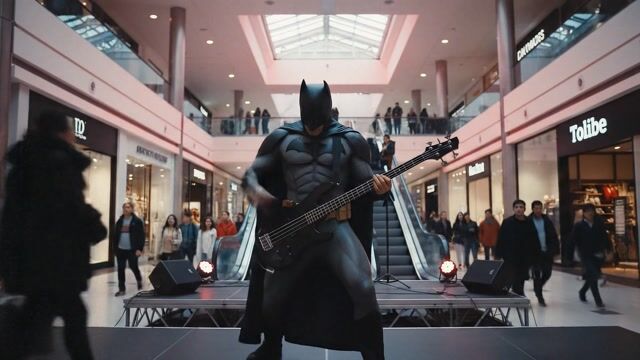 Opening shot: Medium close-up on Batman's gloved hands slapping and plucking bass strings, low angle focusing on his intense expression under the cowl, 35mm lens
Camera movement: Slow dolly in from hands to full torso, steadily building intimacy over 5 seconds
Subject and action: Batman energetically slaps the bass strings at 1 second, transitions to precise plucks at 3 seconds, head nodding rhythmically while standing poised in cape
Motion cues: Foreground mall shoppers blur past with parallax shift, background escalators and stores recede slower for depth, occluding Batman's cape edges
Scene setting: Bustling modern shopping mall atrium, evening with dim overhead lights and colorful store neon glows, mysterious foggy atmosphere
Aesthetic and grade: Dark cinematic style, high-contrast shadows with cool blue tones and red accents, film grain and subtle vignette, 24 fps