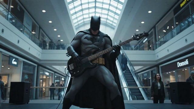 Opening shot: Medium close-up on Batman's gloved hands slapping and plucking bass strings, low angle focusing on his intense expression under the cowl, 35mm lens
Camera movement: Slow dolly in from hands to full torso, steadily building intimacy over 5 seconds
Subject and action: Batman energetically slaps the bass strings at 1 second, transitions to precise plucks at 4 seconds,"Jeff Berlin" style, head nodding rhythmically while standing poised in cape
Motion cues: Foreground mall shoppers blur past with parallax shift, background escalators and stores recede slower for depth, occluding Batman's cape edges
Scene setting: Bustling modern shopping mall atrium, evening with dim overhead lights and colorful store neon glows, mysterious foggy atmosphere
Aesthetic and grade: Dark cinematic style, high-contrast shadows with cool blue tones and red accents, film grain and subtle vignette, 24 fps