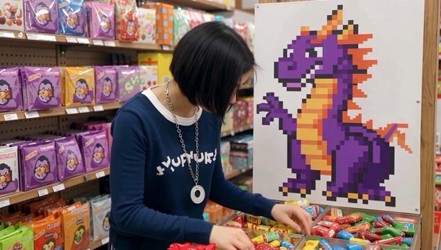 A realistic scene of a woman in a candy store frantically searching to find the last pixel dojo candy bar. once she finds it she exclaims, "gotta have that pixel dojo candy". the candy features a pixelated purple dragon with the text "pixel dojo" on the wrapper.