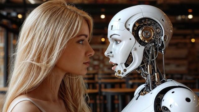 Opening shot: Close-up profile of a blonde woman gazing intently at a white humanoid cyborg, their faces inches apart in an intimate confrontation, captured with an 85mm lens for emotional depth.
Camera movement: Slow, subtle dolly in from side profile to tighten on their faces, pacing gently to build tension over 5 seconds.
Subject and action: The cyborg's mouth articulates words, head tilting slightly as it confesses feelings; the woman listens with a mix of surprise and empathy, her eyes softening and lips parting subtly in response.
Motion cues: Gentle parallax as background elements like bar stools and lights shift softly; foreground hair strands occlude parts of the cyborg's face, emphasizing depth between subjects.
Scene setting: Dimly lit modern cafe interior with wooden walls, hanging lights, and blurred seating in the background; evening atmosphere with warm ambient glow.
Aesthetic and grade: Photorealistic sci-fi style with sleek metallic textures on the cyborg; cool blue tones grading to warm highlights on skin, evoking cinematic film grain for emotional realism.