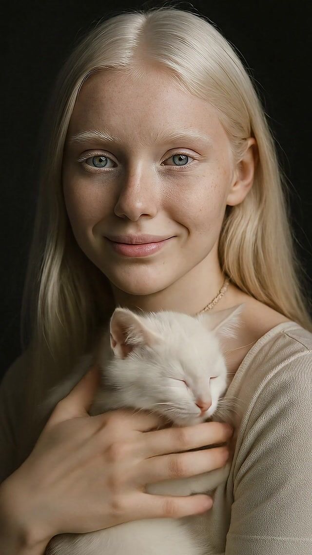 woman cuddles with her white cat, smiling, 