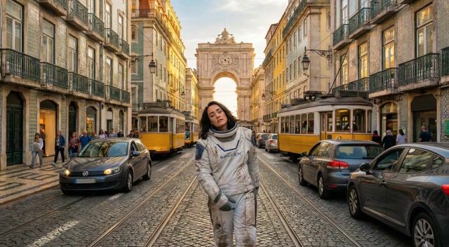 The camera tracks alongside Pamela as she walks around dazed and unsteady, occasional sounds of traffic and distant chatter, no dialog, suggested duration 4 seconds.