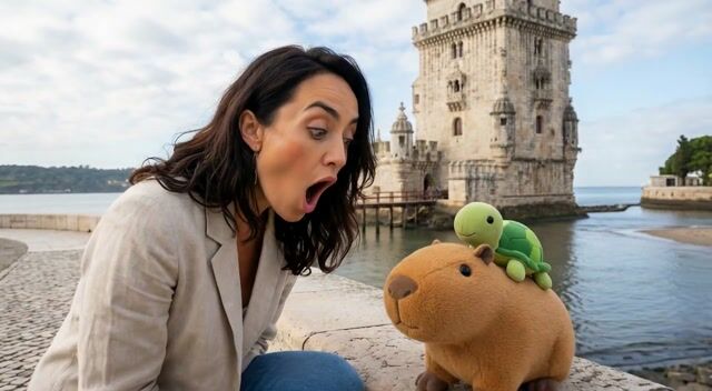 The camera zooms in on Pam's face then tilts down to Cappy, as Pam exclaims 'Oh, it's you again, Cappy!', with a gentle sound effect of wind rustling through trees and faint tourist chatter, accompanied by whimsical music cue building, and Pam leaning closer to examine Cappy.