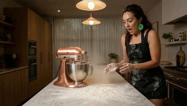 The camera tilts down to the stand mixer as it starts overflowing, Pamela reacts by stepping back quickly and exclaiming 'Oh no!' with a panicked voice, the sound of spilling flour and a sudden clatter, music shifting to a tense and chaotic tone.